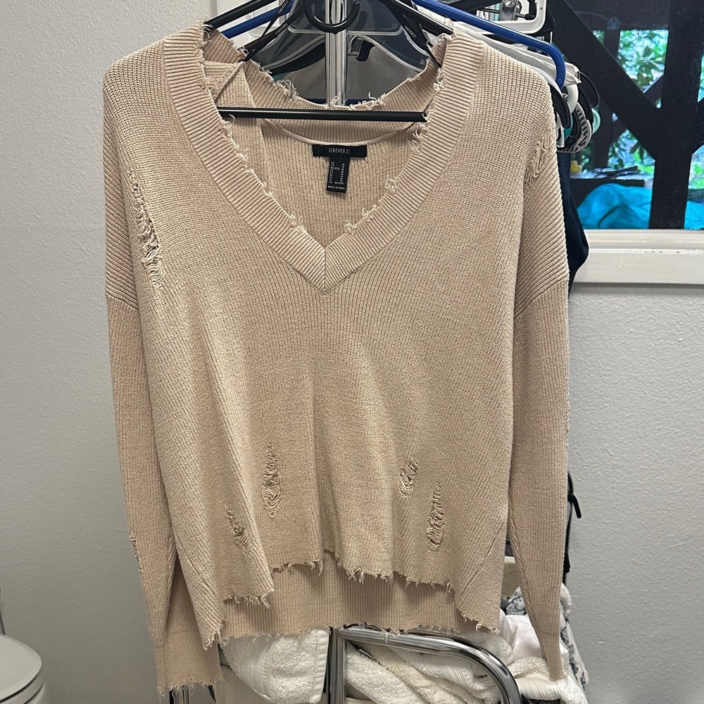 Forever 21 Beige Distressed V-Neck Sweater